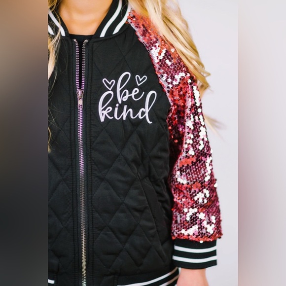Girls Black Bomber Jacket Pink Sequin Sleeves Be Kind Graphic Sparkly Sm NIP - Picture 6 of 15